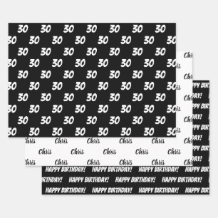 30th Happy Birthday Custom Name Black White Wrapping Paper Sheets