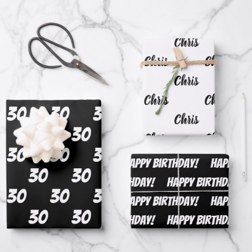 30th Happy Birthday Custom Name Black White Wrapping Paper Sheets