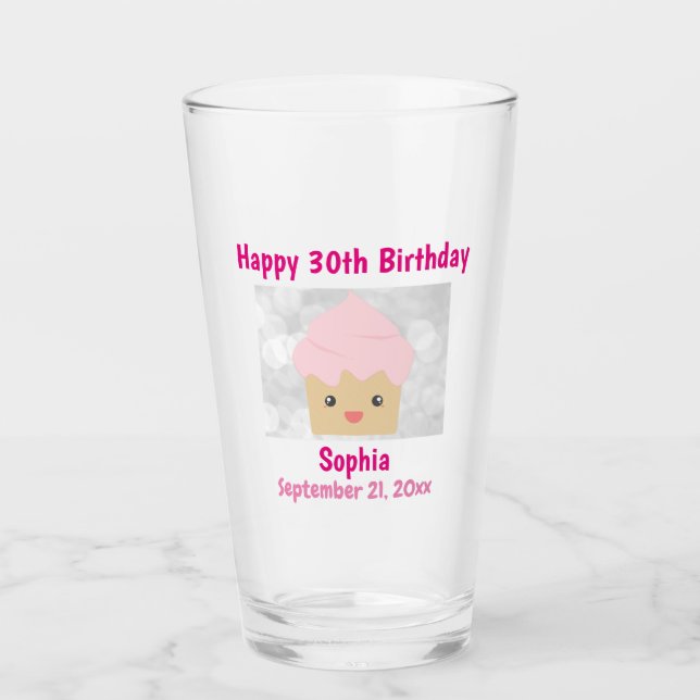 30th Happy Birthday Cute Pink Cupcake Souvenir Glass (Front)