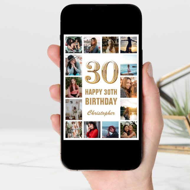 30th Happy Birthday Gold and White Photo Collage Card (Front Digital)