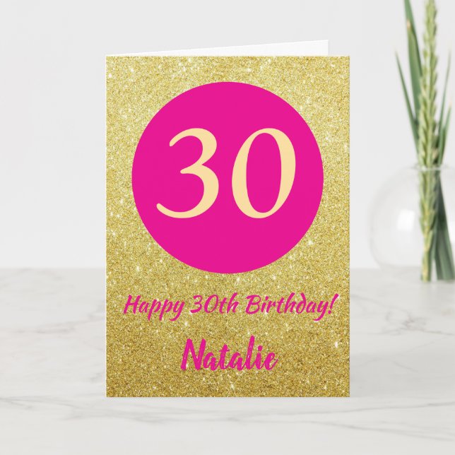 30th Happy Birthday Hot Pink and Gold Glitter Card (Front)