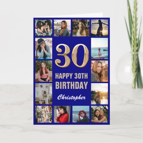 30th Happy Birthday Navy Blue & Gold Photo Collage