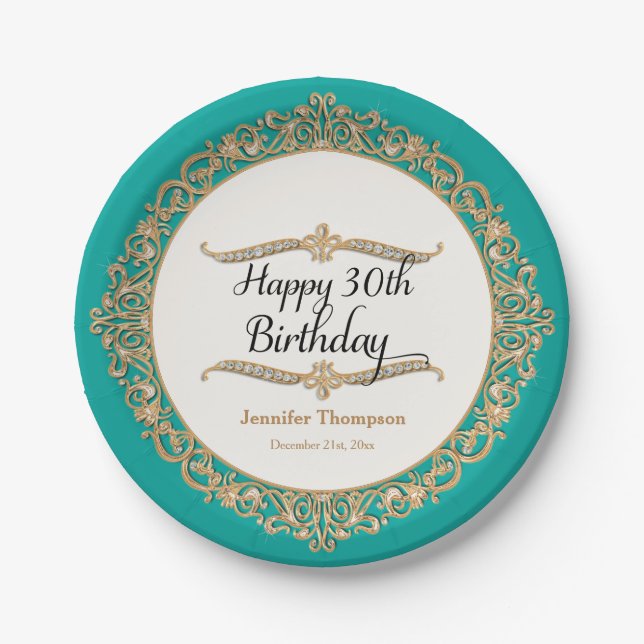 30th Happy Birthday Party Celebration Jewel Look Paper Plates (Front)