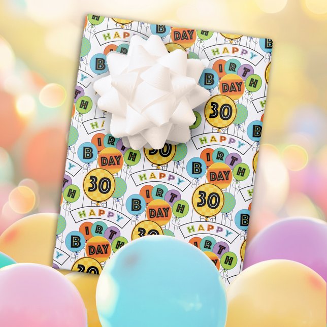 30th Happy Birthday Typography Balloons  Wrapping Paper Sheets (Creator Uploaded)