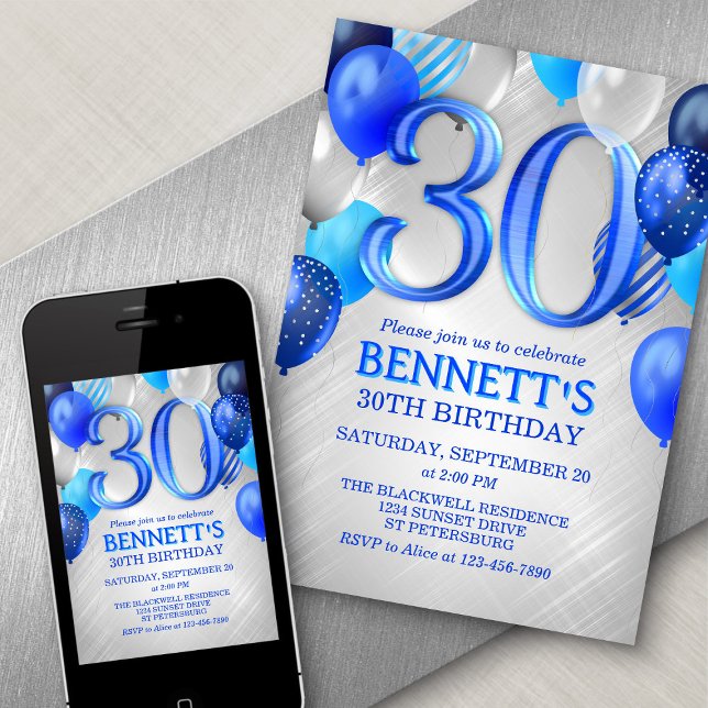30th Mens Blue Birthday Invitation (Creator Uploaded)