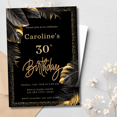 30th Modern Black  Gold Floral Glitter Birthday Invitation