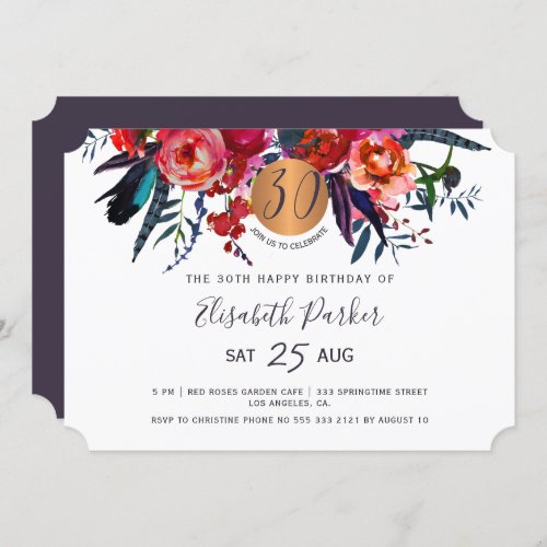 30th Modern boho floral watercolor birthday party Invitation