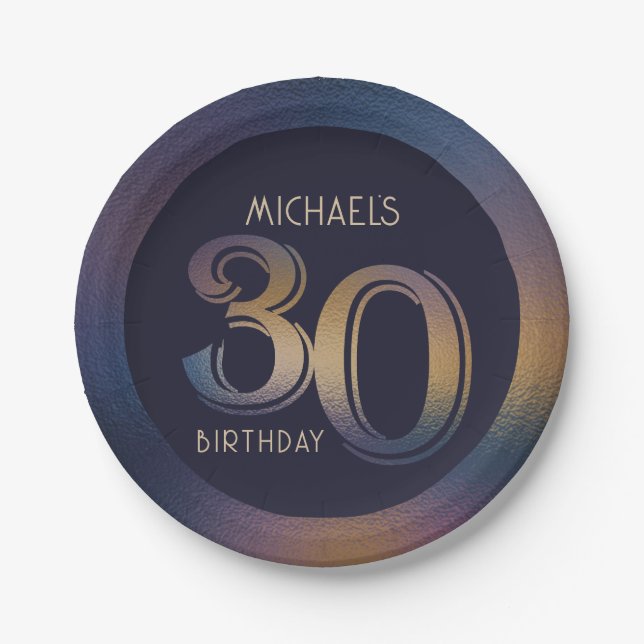 30th modern dark purple and gold birthday paper plates (Front)