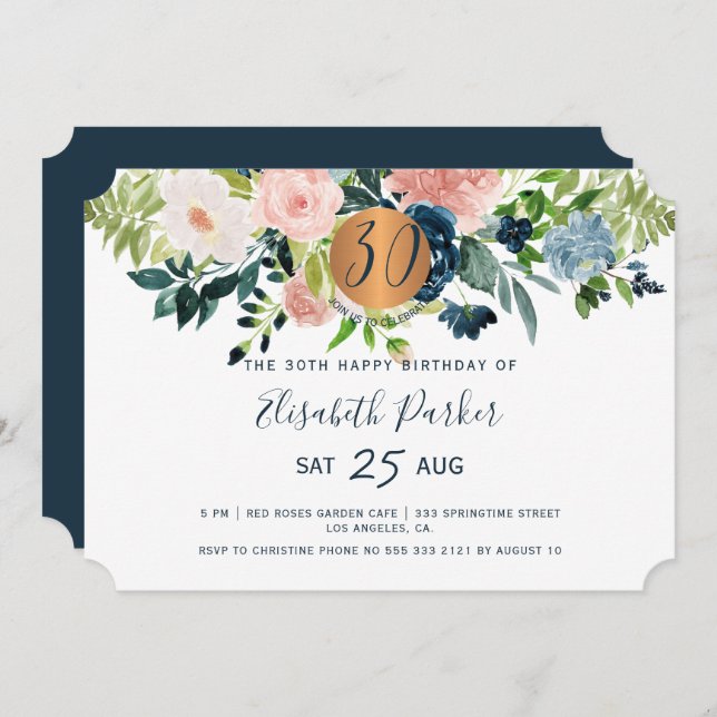 30th Modern navy floral watercolor birthday party Invitation (Front/Back)