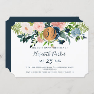 30th Modern navy floral watercolor birthday party Invitation