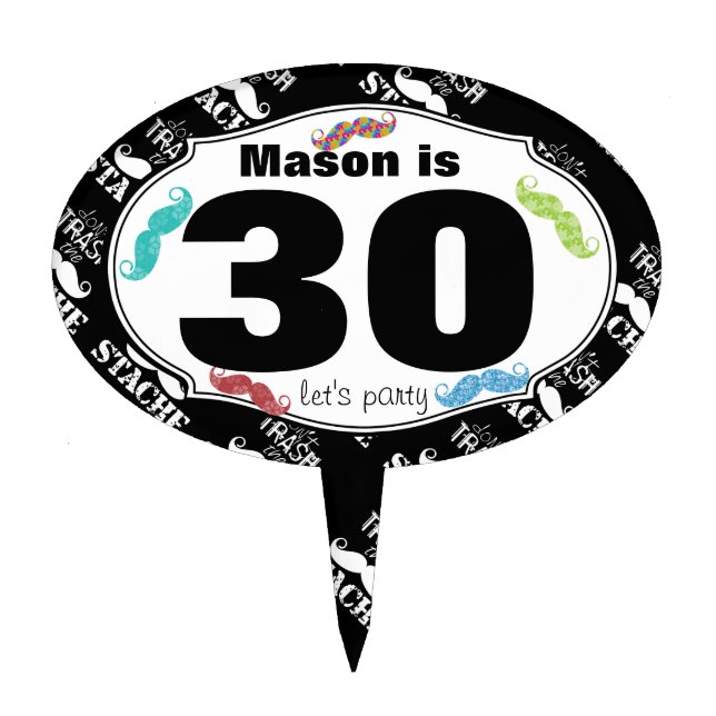 30th Mustache Hipster Birthday Cake Topper (Front)