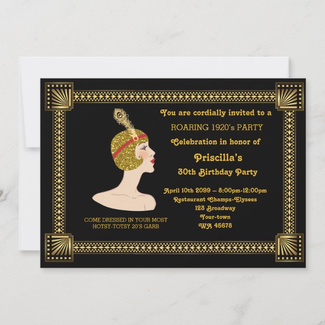 30th or any,Birthday Party woman,Gatsby, gold Invitation (Front)