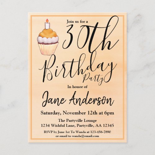 30th Orange Cupcake Birthday Invitation Postcard