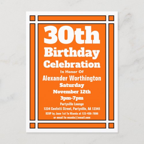30th Orange Simple Birthday Invitation Postcard