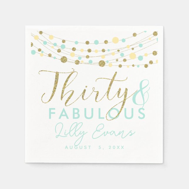 30th party paper napkin decoration, glitter teal (Front)