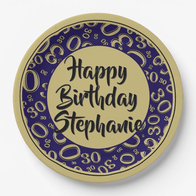 30th Party Random Number Pattern Black/Gold Paper Plates (Front)
