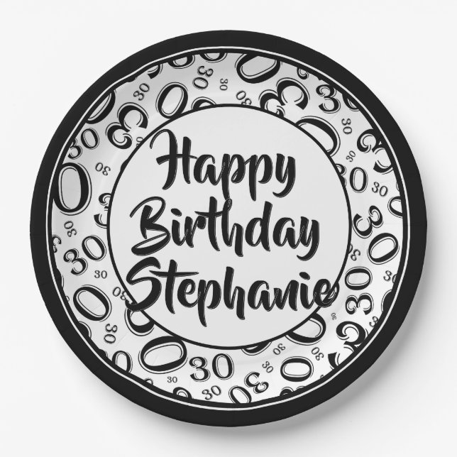 30th Party Random Number Pattern Black/White Paper Plates (Front)