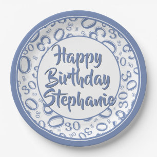 30th Party Random Number Pattern Blue/White Paper Plates