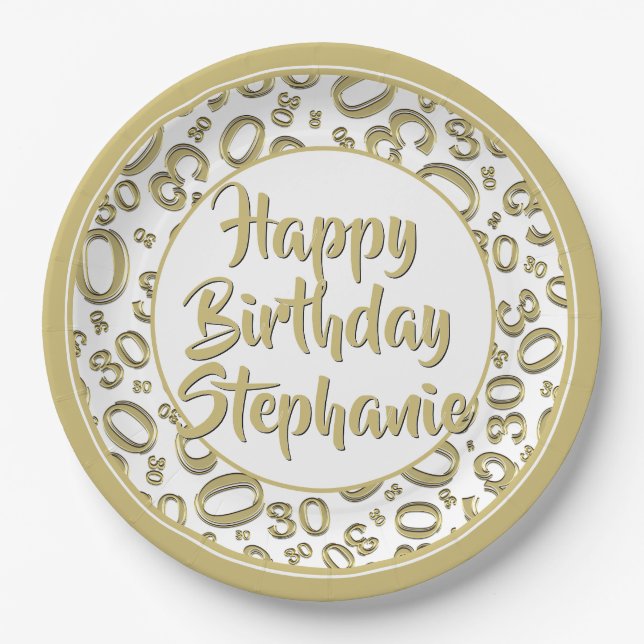 30th Party Random Number Pattern Gold/White Paper Plates (Front)