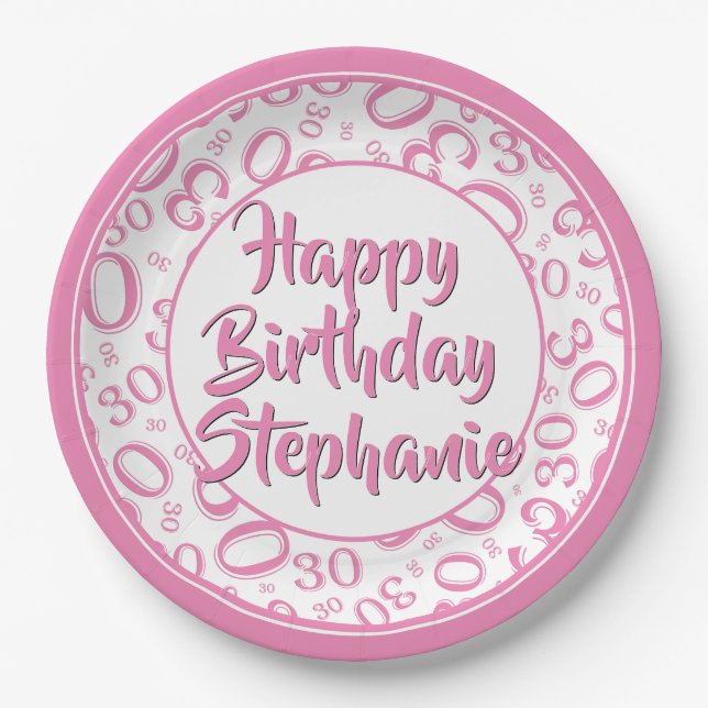 30th Party Random Number Pattern Pink/White Paper Plates (Front)