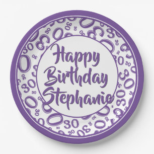 30th Party Random Number Pattern Purple/White Paper Plates