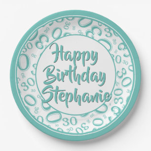 30th Party Random Number Pattern Teal/White Paper Plates