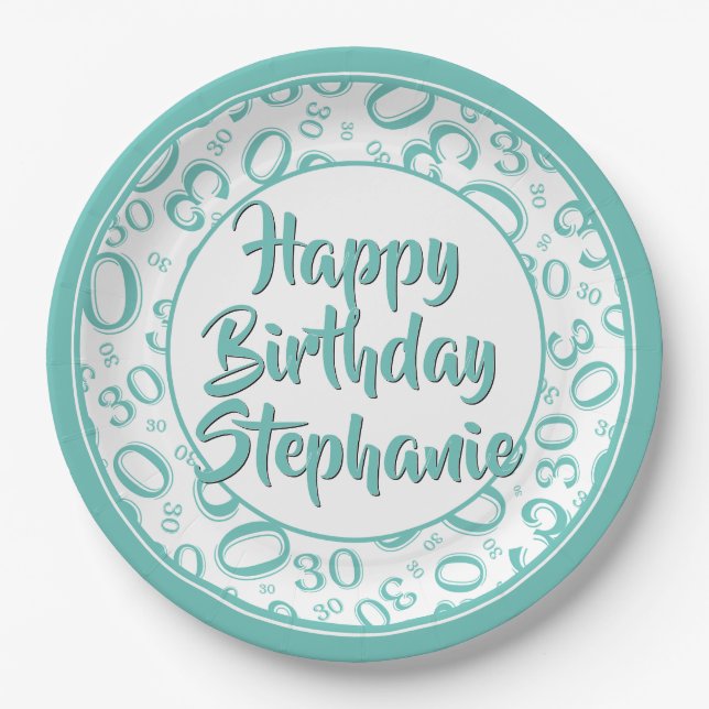 30th Party Random Number Pattern Teal/White Paper Plates (Front)
