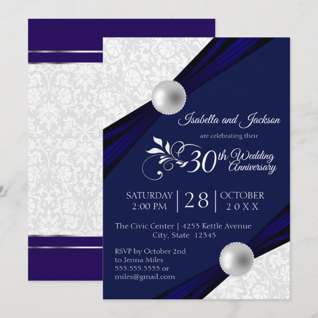 30th Pearl Anniversary Design - Navy and White Invitation (Front/Back)