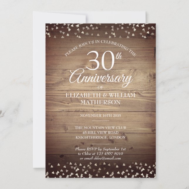 30th Pearl Anniversary Rustic Wood Confetti  Invitation (Front)