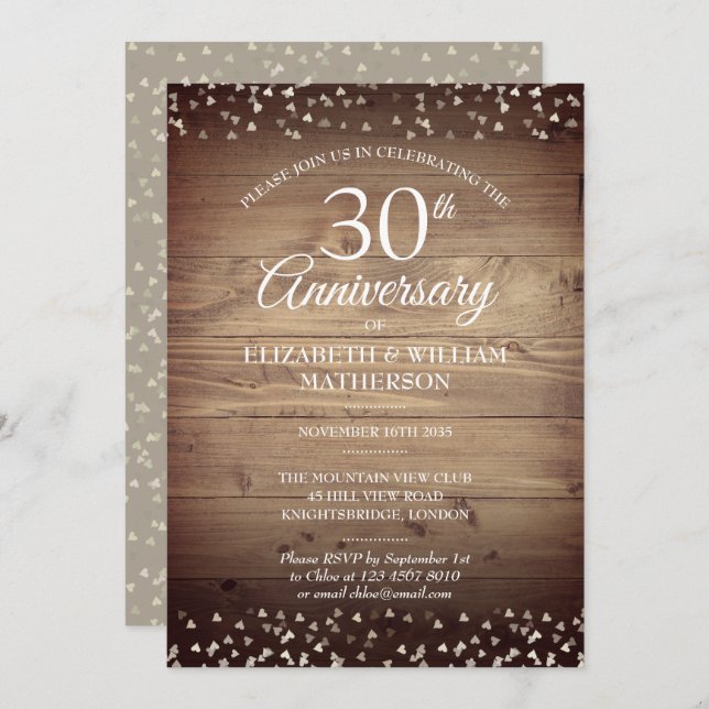 30th Pearl Anniversary Rustic Wood Confetti  Invitation (Front/Back)