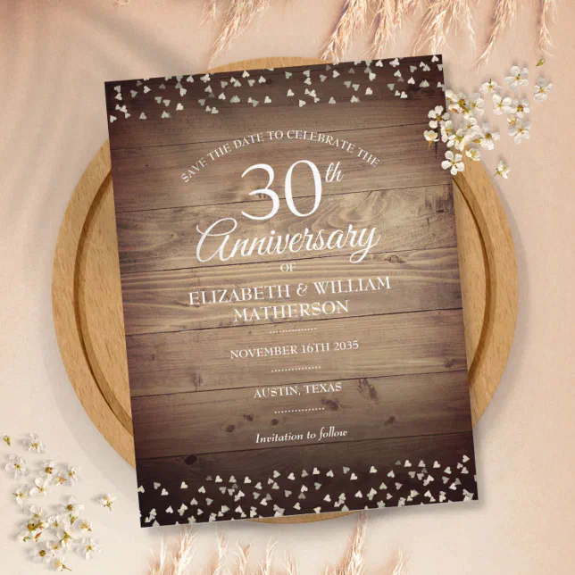 30th Pearl Anniversary Save the Date Rustic Wood Postcard | Zazzle