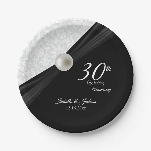 30th  Pearl & Black Wedding Anniversary Design Paper Plates (Front)