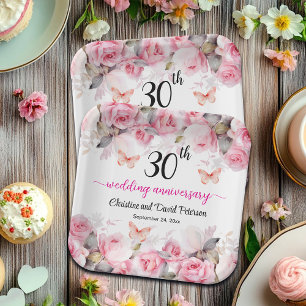 30th Pearl Wedding Anniversary Blush Roses Paper Plates