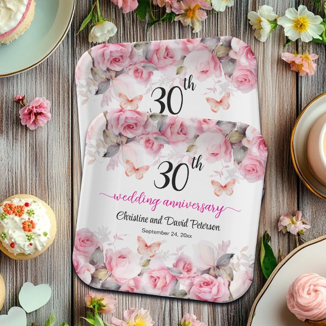 30th Pearl Wedding Anniversary Blush Roses Paper Plates (Creator Uploaded)
