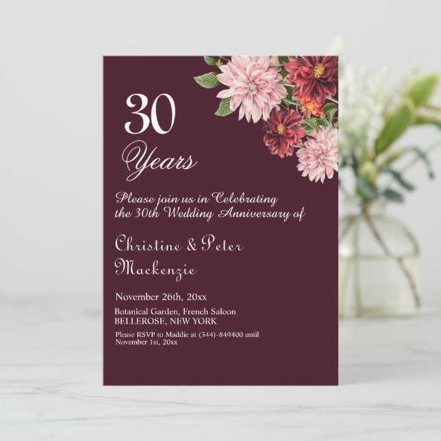 30th Pearl Wedding Anniversary Burgundy Floral Invitation (Standing Front)