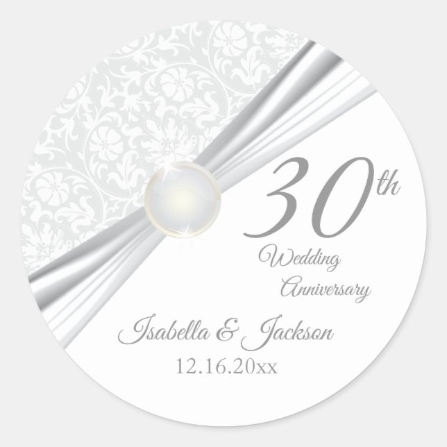 30th Pearl Wedding Anniversary Design Classic Round Sticker (Front)