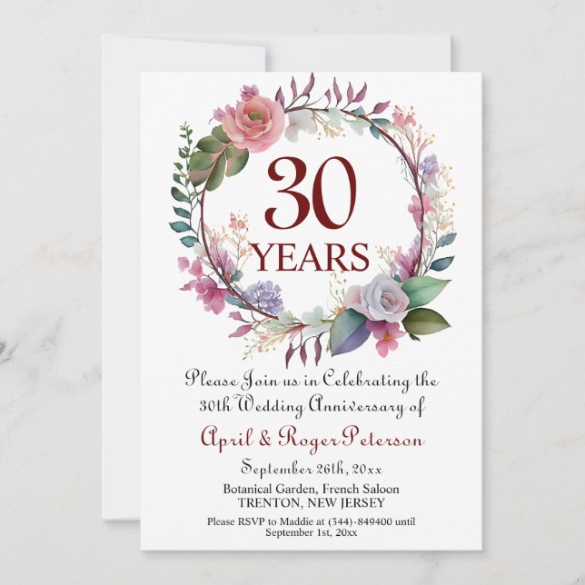30th Pearl Wedding Anniversary Floral Invitation (Front)