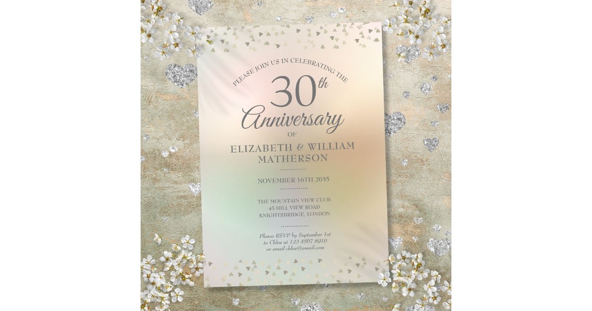 30th Pearl Wedding Anniversary Hearts Confetti Invitation | Zazzle