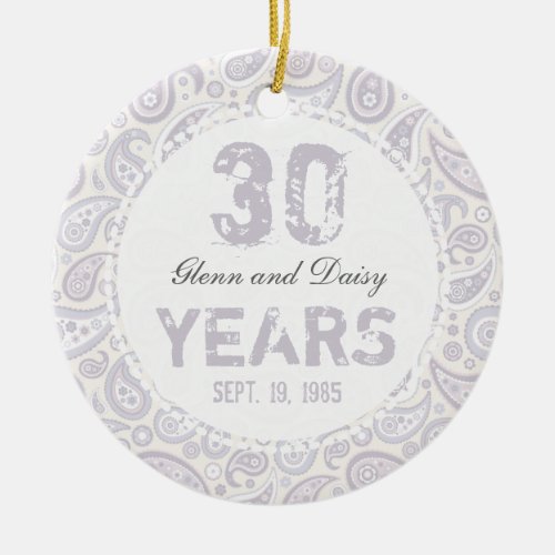 30th Pearl Wedding Anniversary Paisley Monogram Ceramic Ornament
