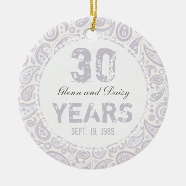 30th Pearl Wedding Anniversary Paisley Monogram Ceramic Ornament (Front)