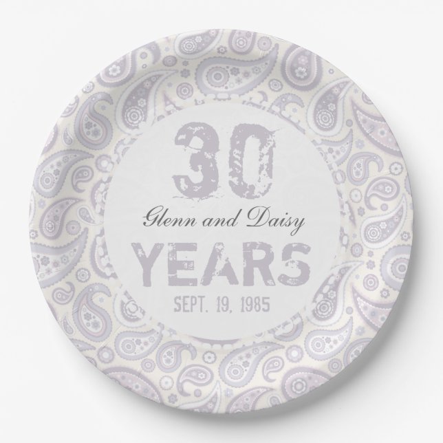 30th Pearl Wedding Anniversary Paisley Pattern Paper Plates (Front)