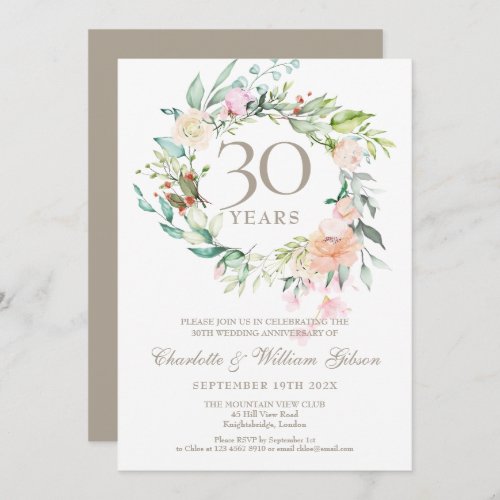 30th Pearl Wedding Anniversary Roses Greenery Invitation