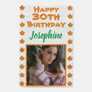 30th Photo Birthday Orange Floral Garden Flag