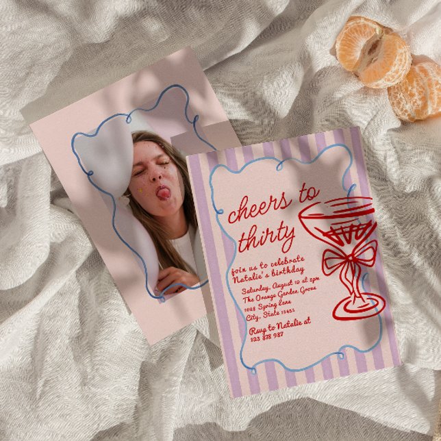 30th Pink Drawn Champagne Glass Fun Photo Birthday Invitation (Creator Uploaded)