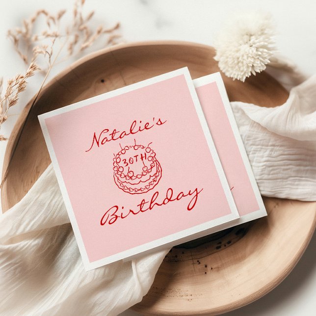 30th Pink Hand Drawn Cake Milestone Fun Birthday Napkins (Creator Uploaded)