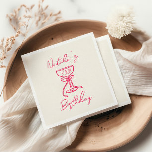 30th Pink Hand Drawn Champagne Bow Glass Birthday Napkins