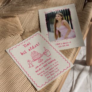 30th Pink Hand Drawn Champagne Cake Birthday Photo Invitation
