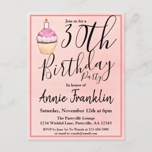 30th Pink Watercolor Cupcake Birthday Invitation Postcard