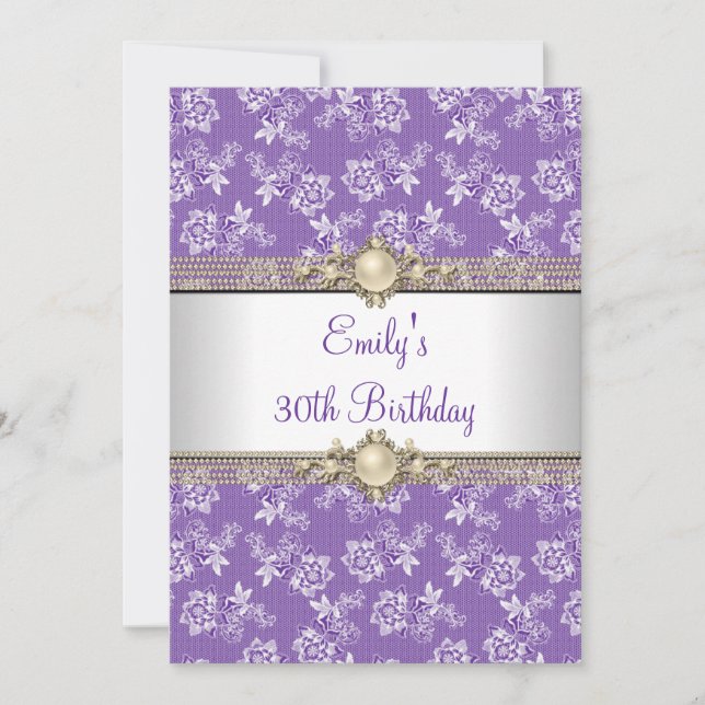 30th Purple Floral Pearl Birthday Party Invitation (Front)