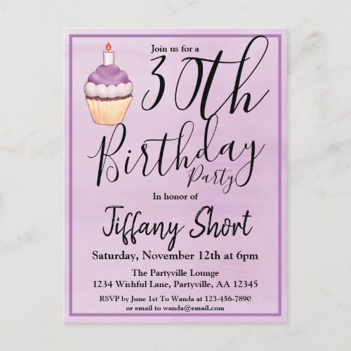 30th Purple Watercolor Cupcake Birthday Invitation Postcard